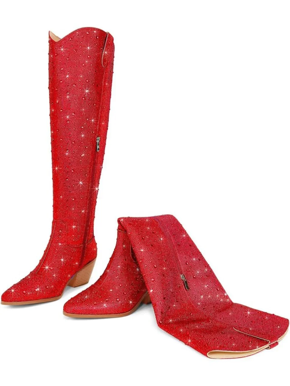Women's Red Rhinestone Sparkly Bling Side Zippers Over the Knee High Boots